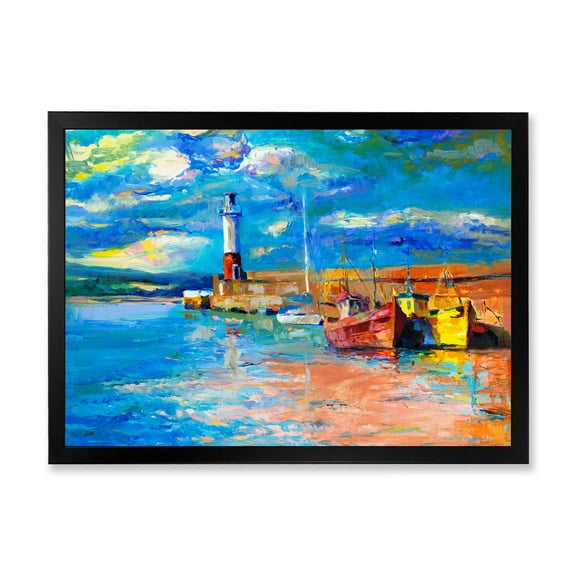 Designart 'Lighthouse By The Shore In Evening Glow ' Nautical & Coastal Framed Art Print