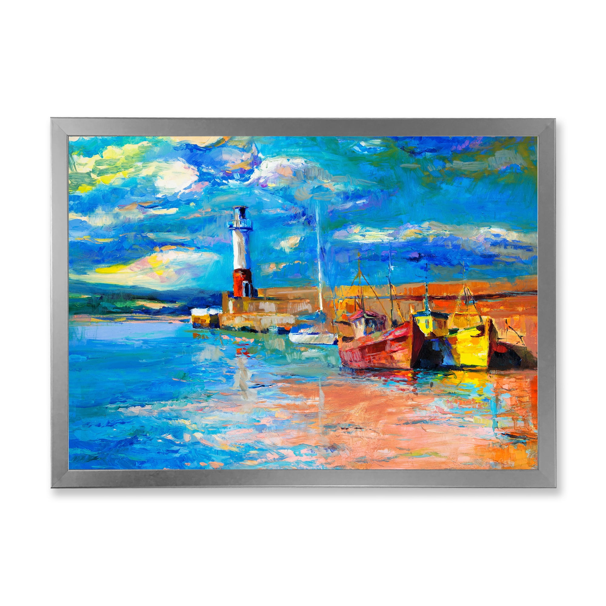 Designart 'Lighthouse By The Shore In Evening Glow ' Nautical & Coastal Framed Art Print