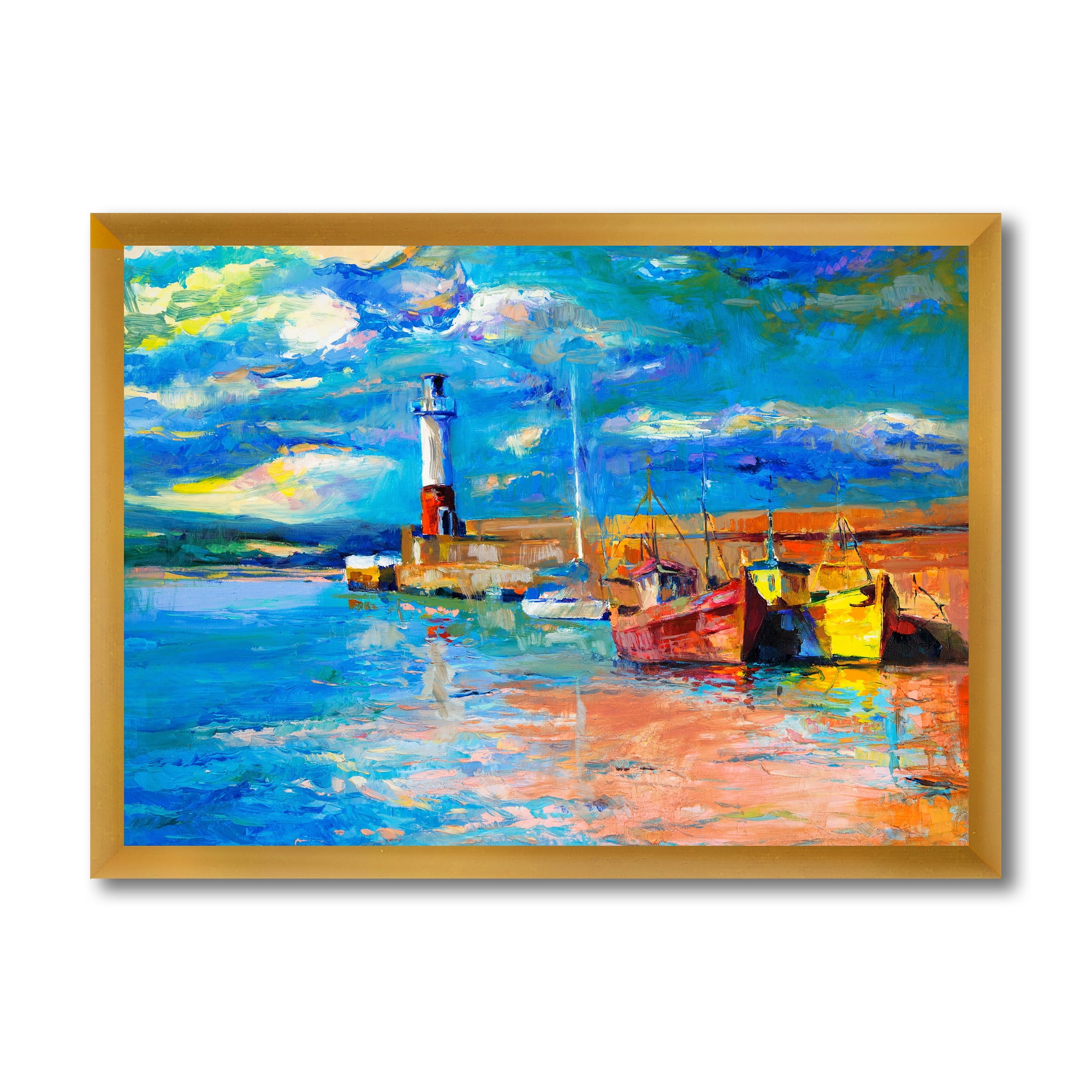 Designart 'Lighthouse By The Shore In Evening Glow ' Nautical & Coastal Framed Art Print