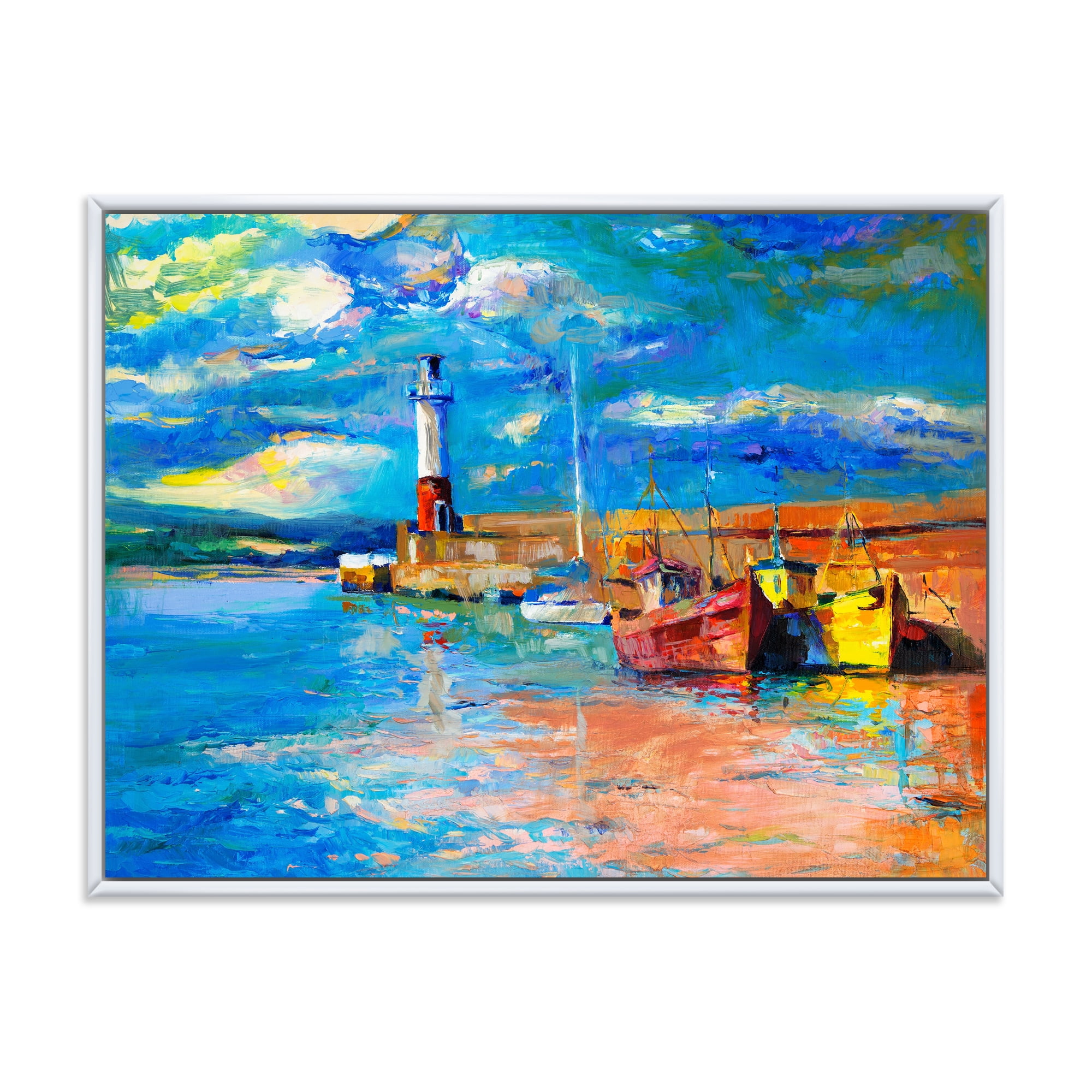 Designart 'Lighthouse By The Shore In Evening Glow ' Nautical & Coastal Framed Canvas Wall Art Print