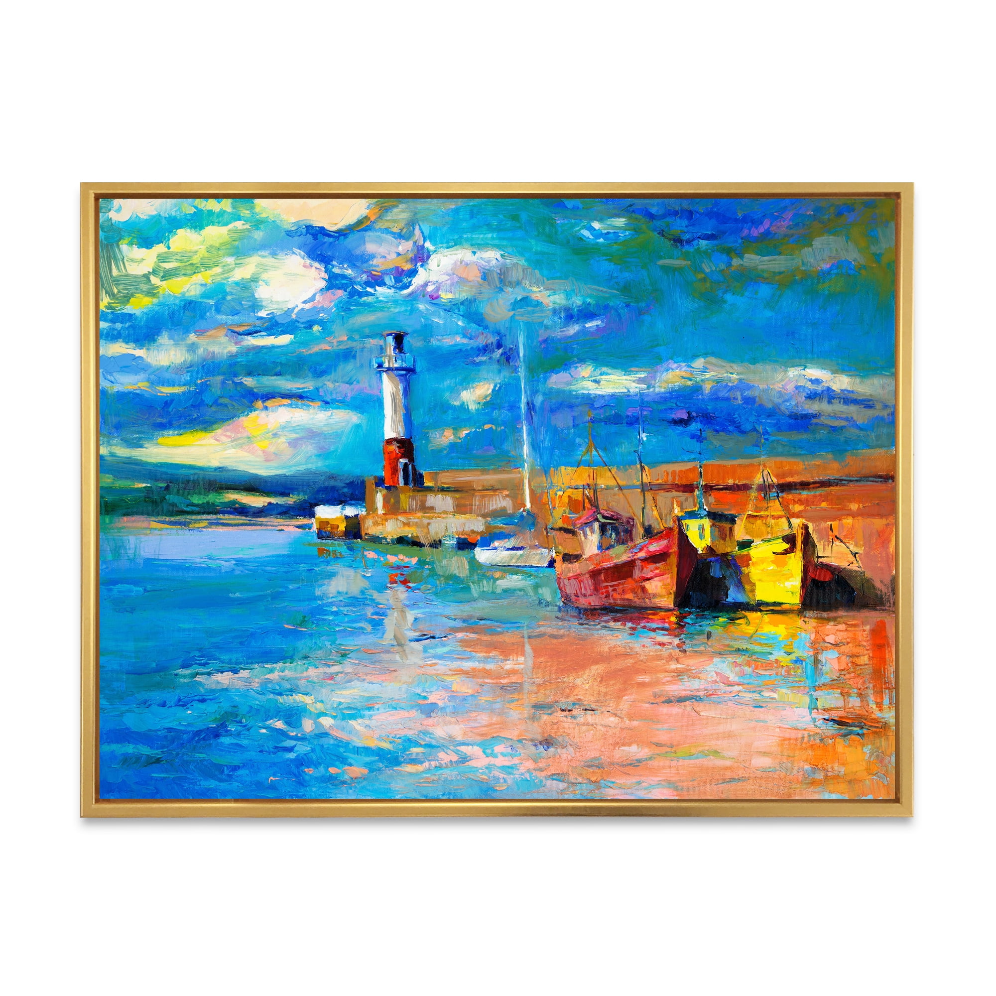 Designart 'Lighthouse By The Shore In Evening Glow ' Nautical & Coastal Framed Canvas Wall Art Print