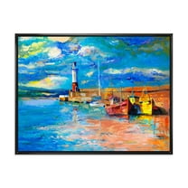 Designart 'Lighthouse By The Shore In Evening Glow ' Nautical & Coastal Framed Canvas Wall Art Print