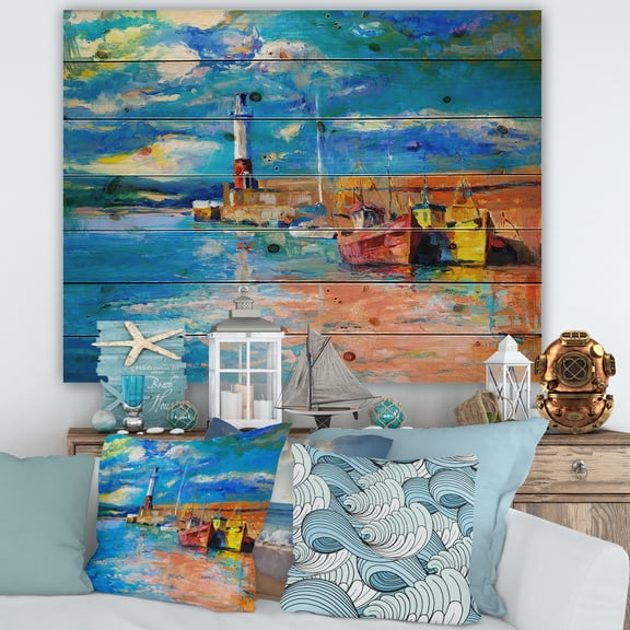 Designart 'Lighthouse By The Shore In Evening Glow ' Nautical & Coastal Print on Natural Pine Wood