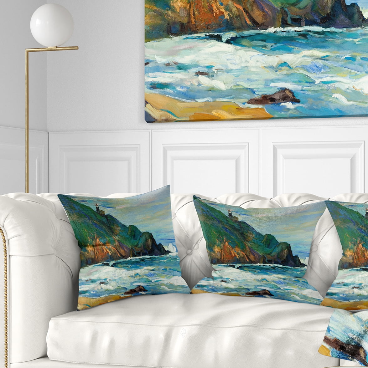Designart Lighthouse - Landscape Painting Throw Pillow - 16x16
