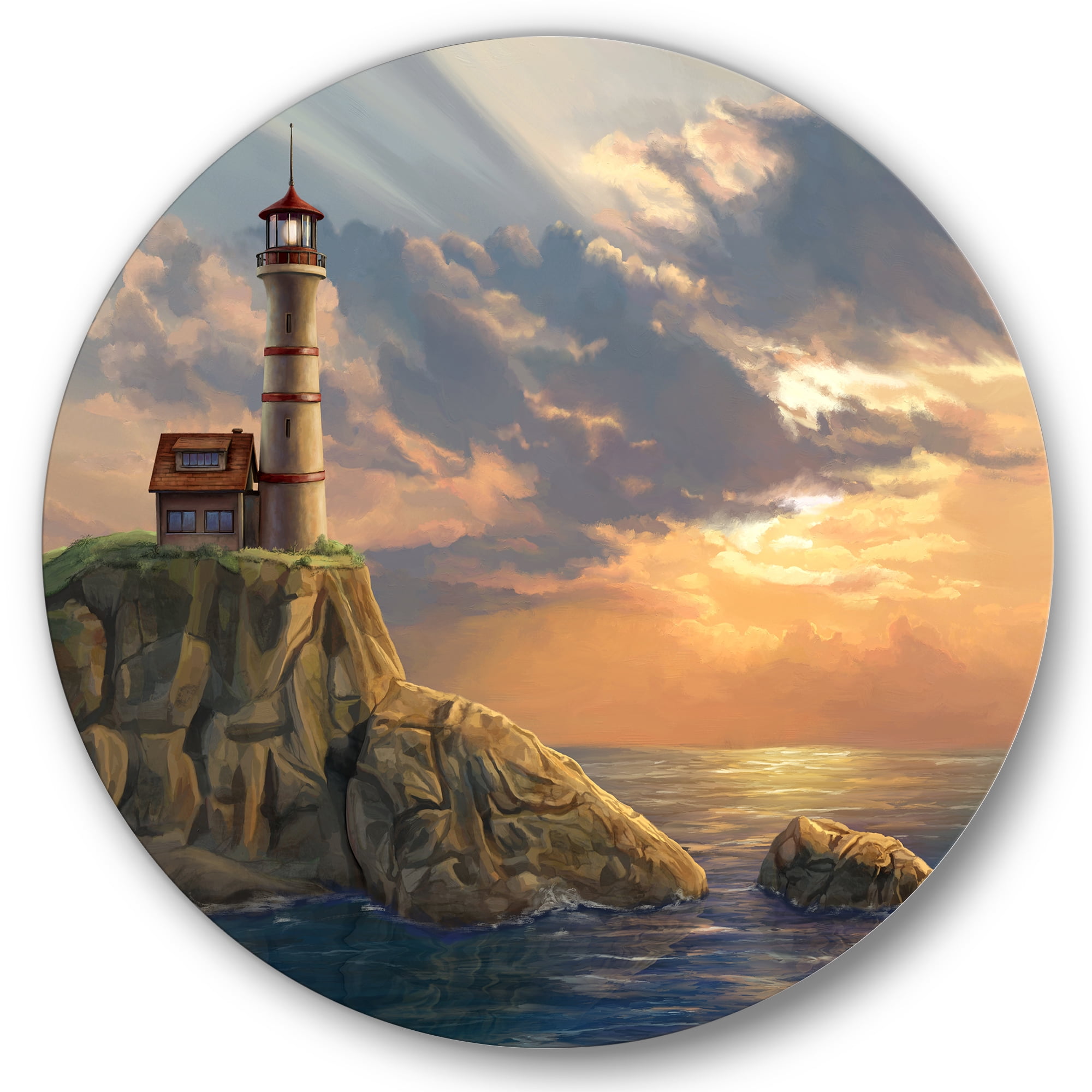 Designart 'Lighthouse On A Rocky Coastal Cliff At Evening Light' Nautical & Coastal Circle Metal Wall Art 23x23 - Disc of 23
