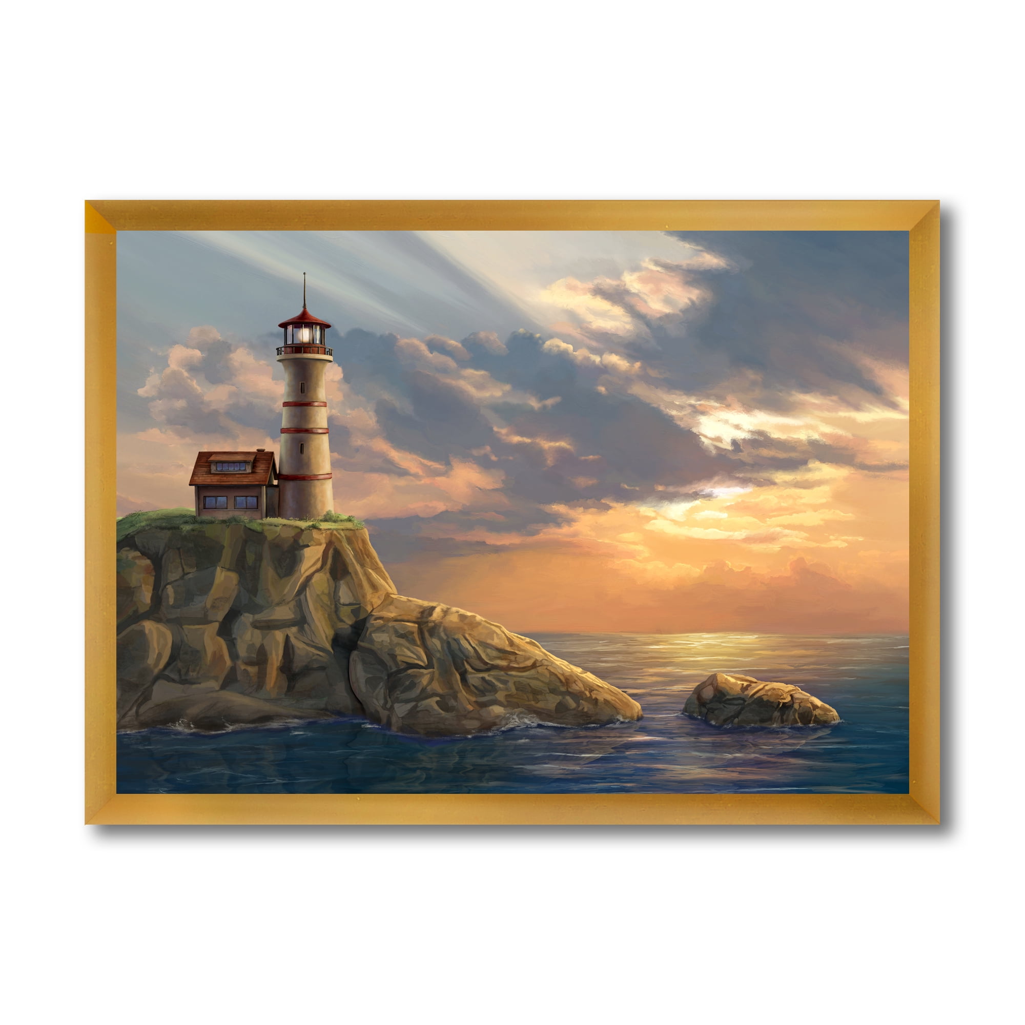 Designart 'Lighthouse On A Rocky Coastal Cliff At Evening Light' Nautical & Coastal Framed Art Print