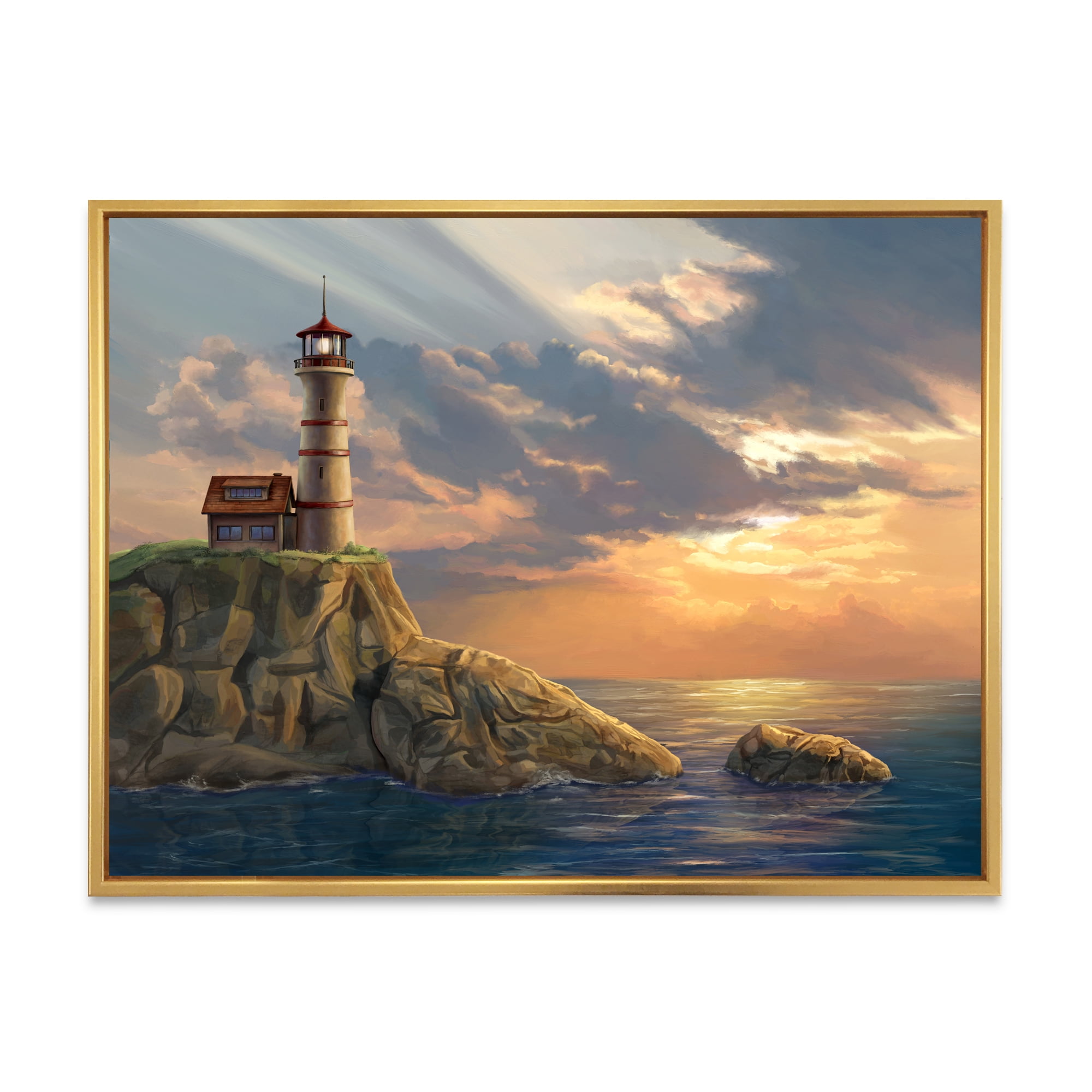 Designart 'Lighthouse On A Rocky Coastal Cliff At Evening Light' Nautical & Coastal Framed Canvas Wall Art Print