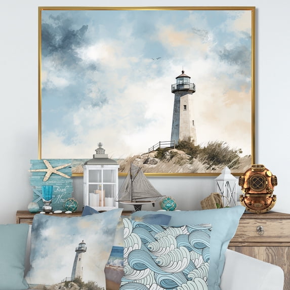 Designart "Lighthouse Panorama In Minimalist Style" Beach Light House Floater Framed Wall Decor