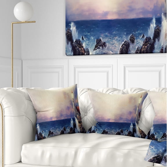 Designart Lighthouse Sea Panoramic - Landscape Printed Throw Pillow - 16x16