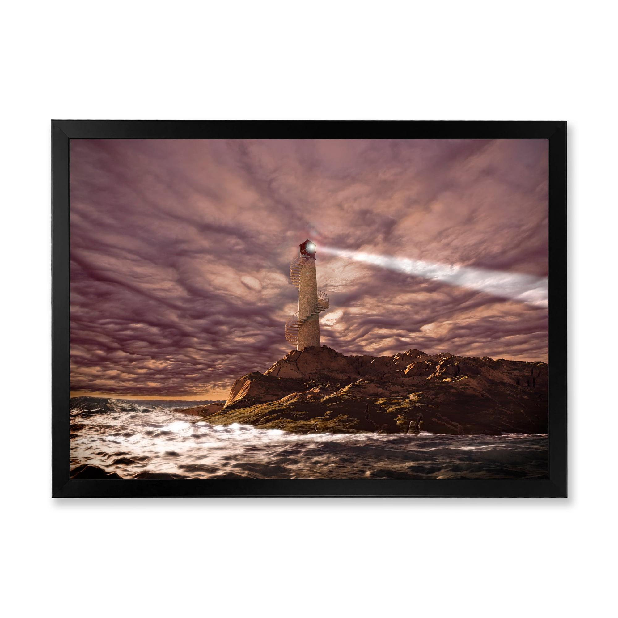 Designart 'Lighthouse Shining Light During Stormy Clouds Night I' Nautical & Coastal Framed Art Print