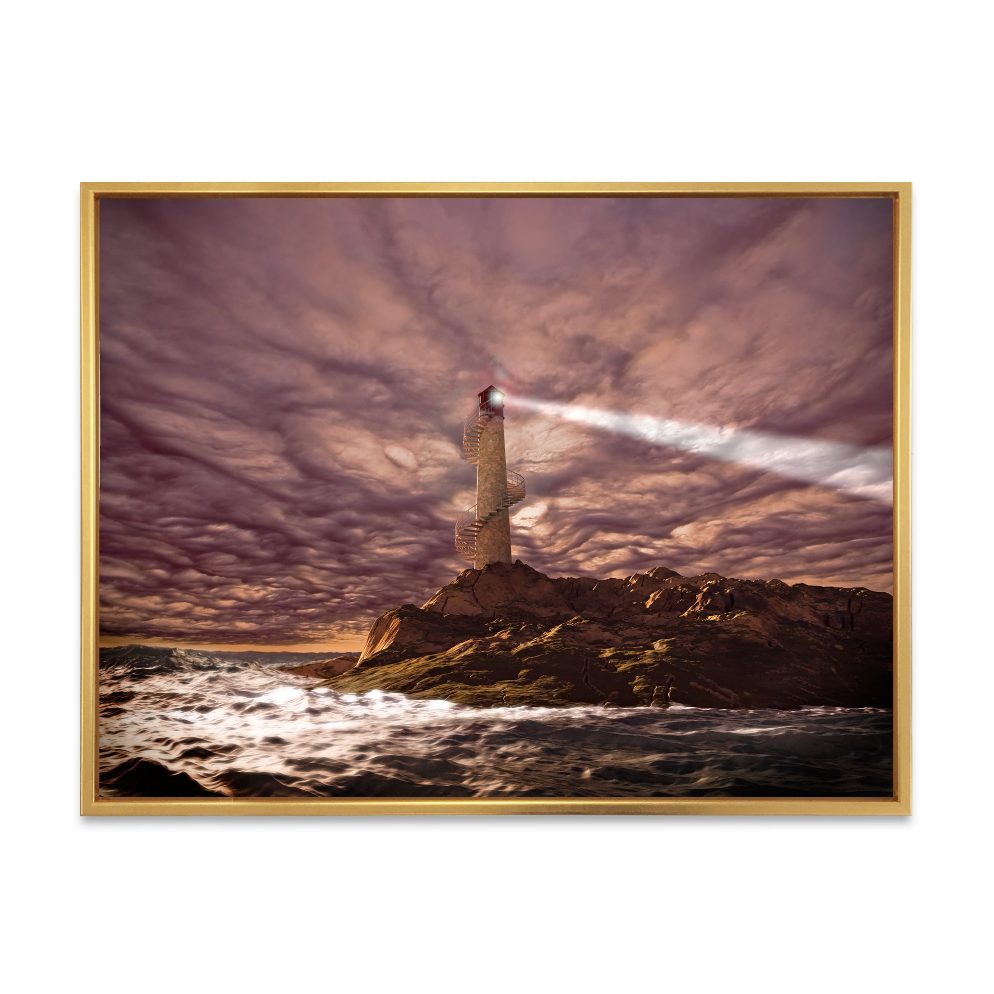 Designart 'Lighthouse Shining Light During Stormy Clouds Night I' Nautical & Coastal Framed Canvas Wall Art Print