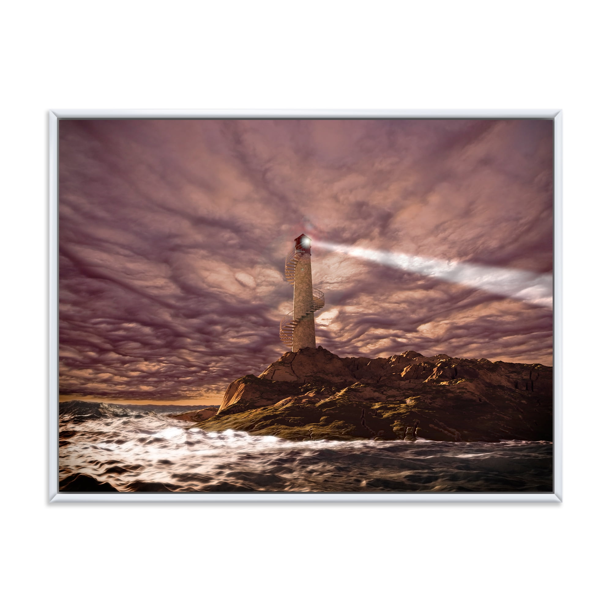 Designart 'Lighthouse Shining Light During Stormy Clouds Night I' Nautical & Coastal Framed Canvas Wall Art Print