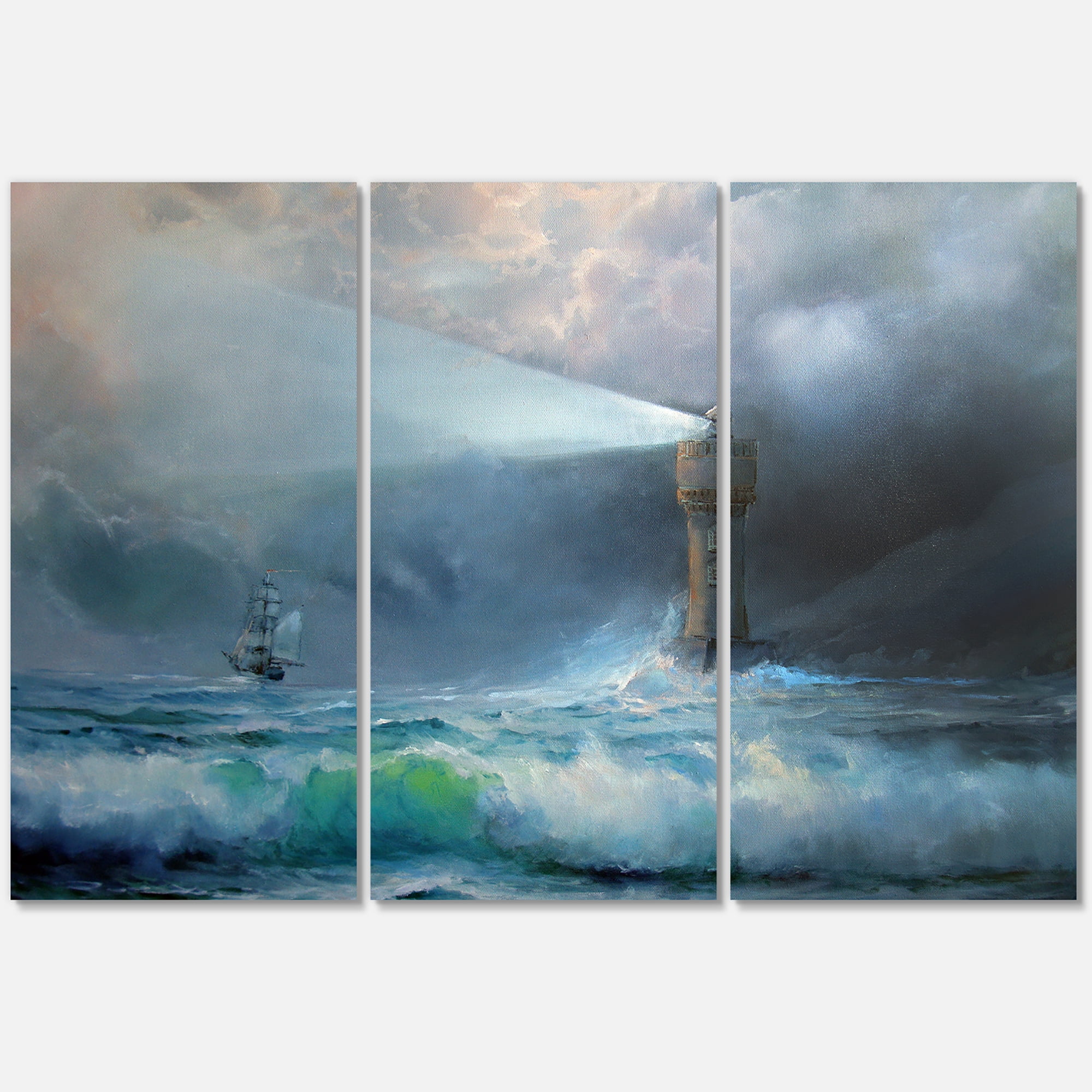 Designart ' Lighthouse Shining Light During Stormy Clouds Night II ' Nautical & Coastal Canvas Wall Art Print