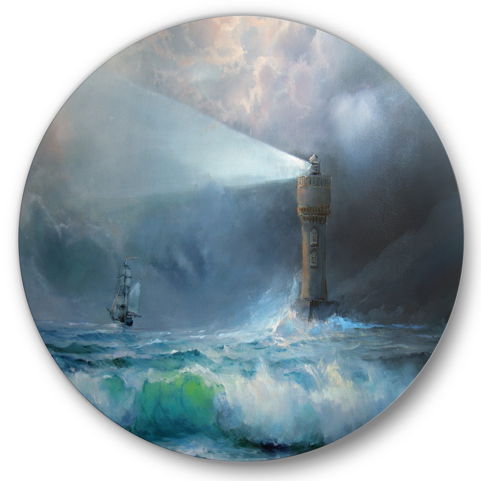 Designart 'Lighthouse Shining Light During Stormy Clouds Night II' Nautical & Coastal Circle Metal Wall Art 36x36 - Disc of 36