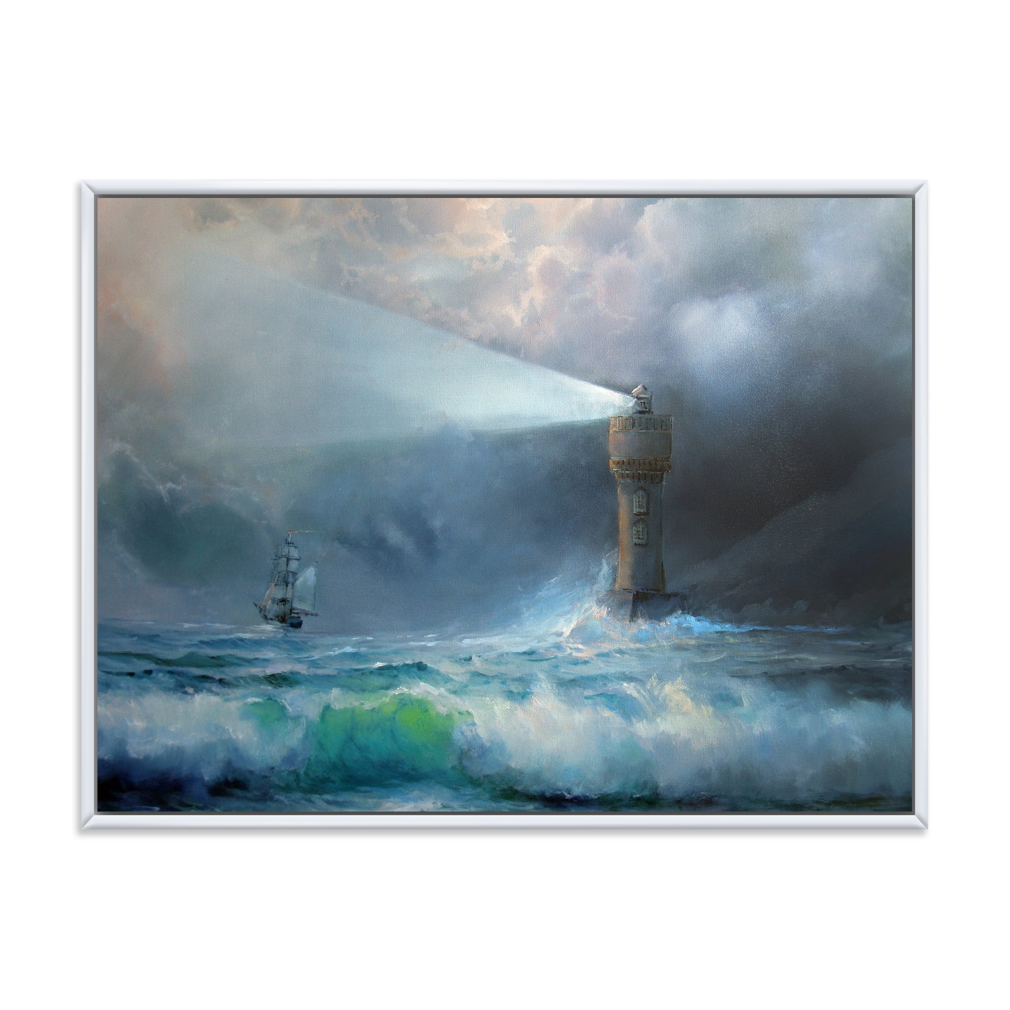 Designart 'Lighthouse Shining Light During Stormy Clouds Night II' Nautical & Coastal Framed Canvas Wall Art Print