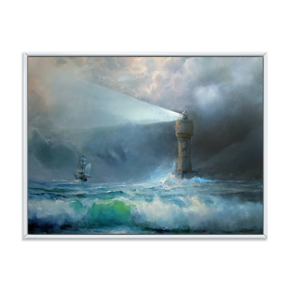Designart 'Lighthouse Shining Light During Stormy Clouds Night II' Nautical & Coastal Framed Canvas Wall Art Print