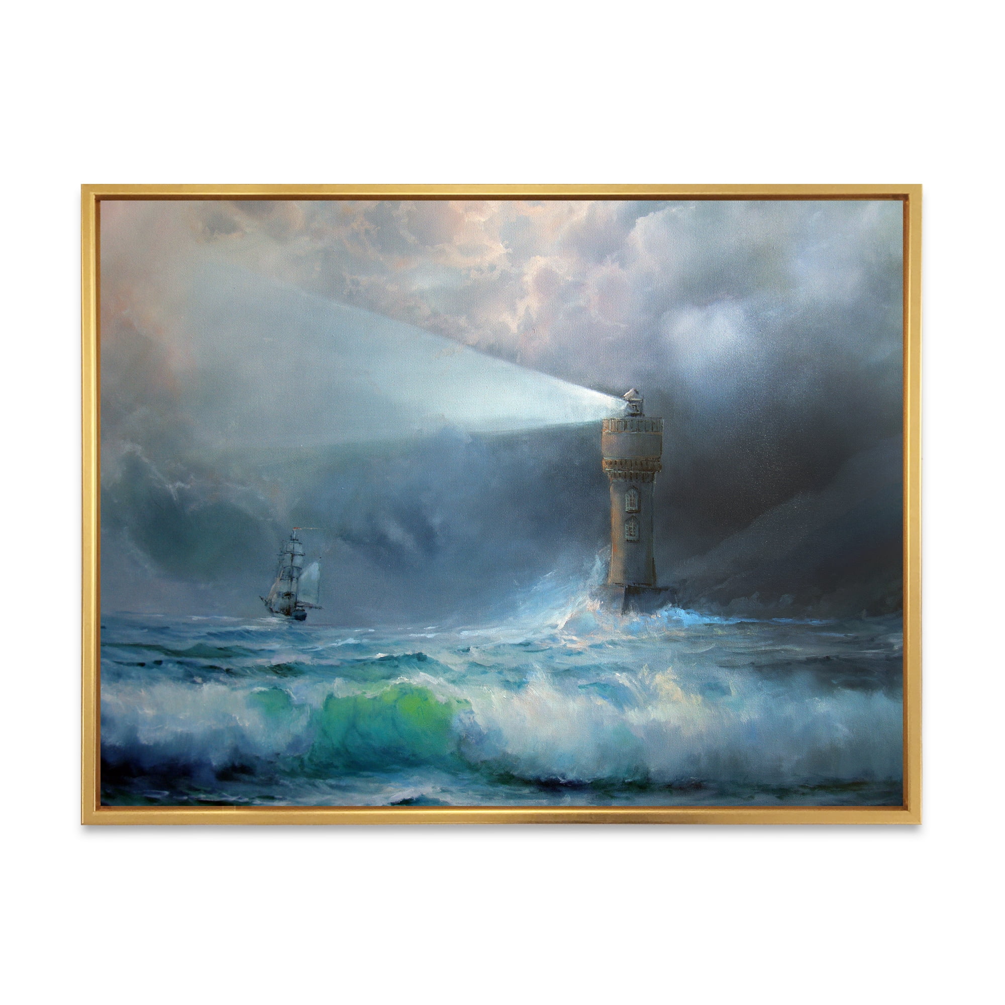 Designart 'Lighthouse Shining Light During Stormy Clouds Night II' Nautical & Coastal Framed Canvas Wall Art Print