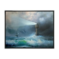 Designart 'Lighthouse Shining Light During Stormy Clouds Night II' Nautical & Coastal Framed Canvas Wall Art Print