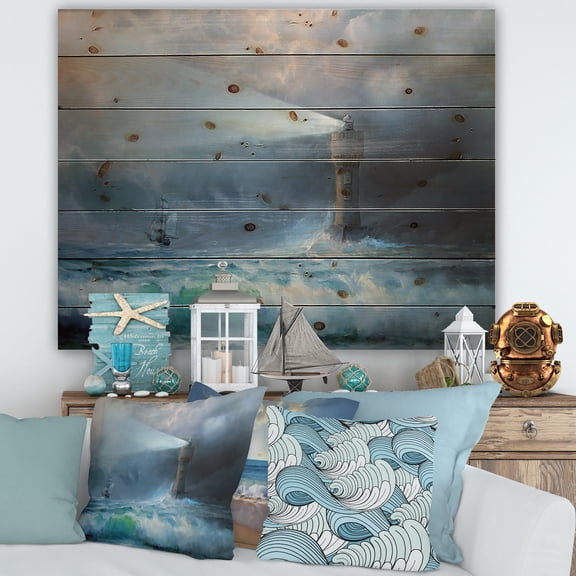 Designart 'Lighthouse Shining Light During Stormy Clouds Night II' Nautical & Coastal Print on Natural Pine Wood