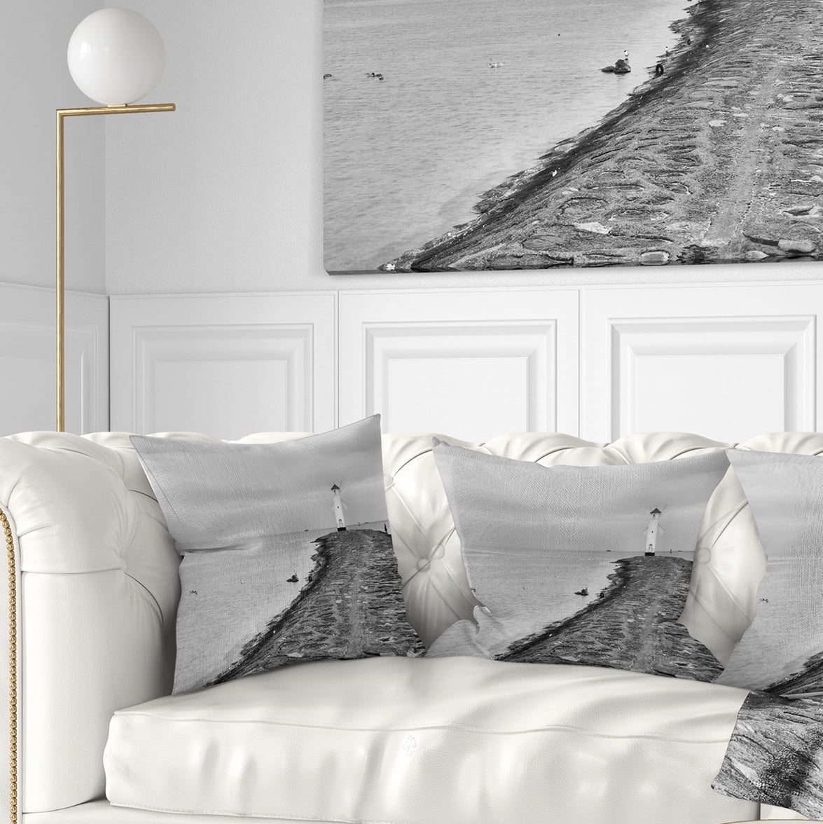 Designart Lighthouse Windmill Stawa Mlyny in Grey - Seascape Throw Pillow - 18x18