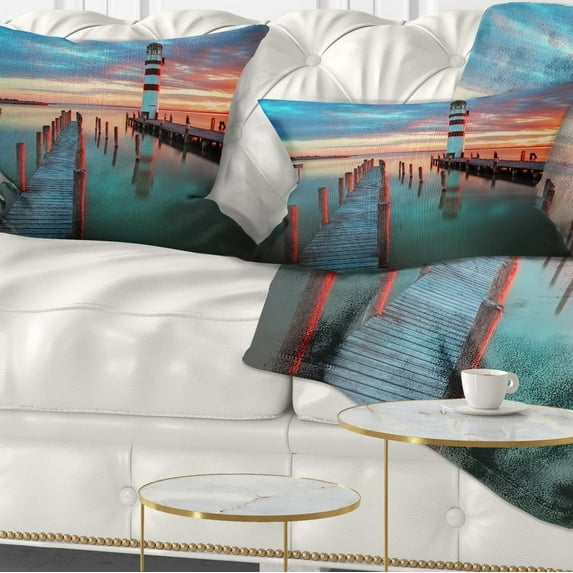 Designart Lighthouse at Lake in Neusiedl am See - Landscape Printed Throw Pillow - 12x20