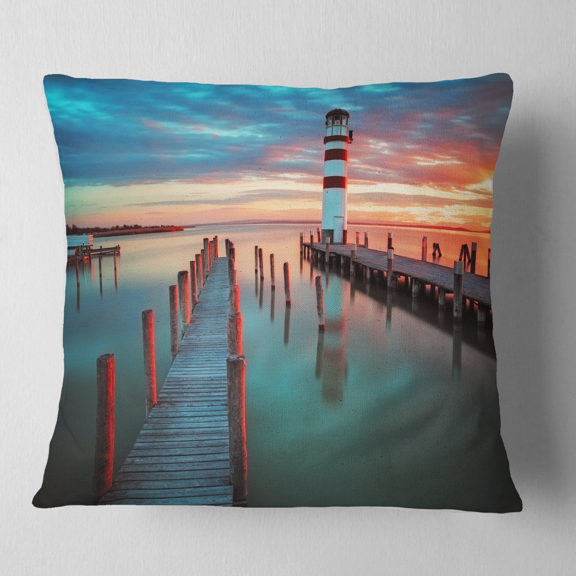 Designart Lighthouse at Lake in Neusiedl am See - Landscape Printed Throw Pillow - 18x18