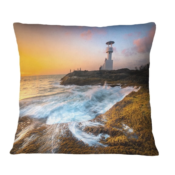 Designart Lighthouse on Beautiful Seashore - Seashore Wall Throw Pillow - 18x18