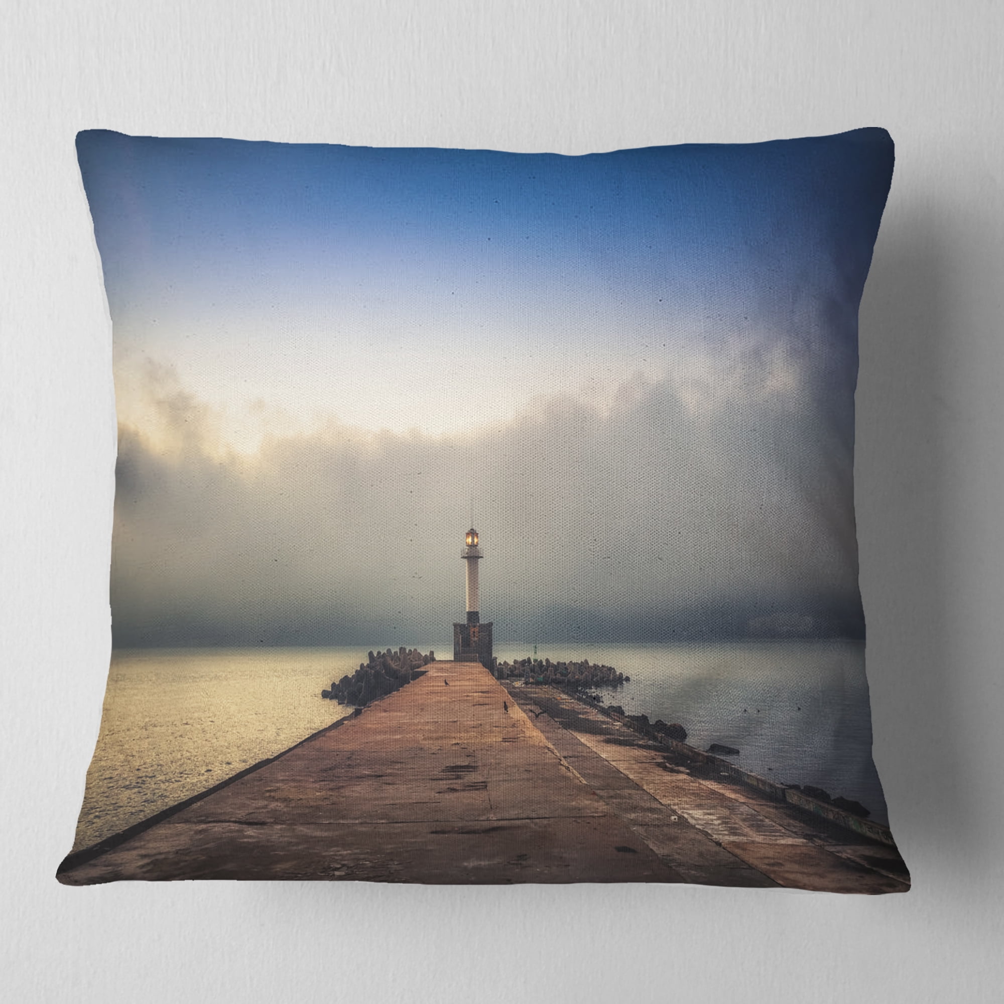 Designart Lighthouse on Coast and Cloudy Sky - Modern Throw Pillow - 16x16