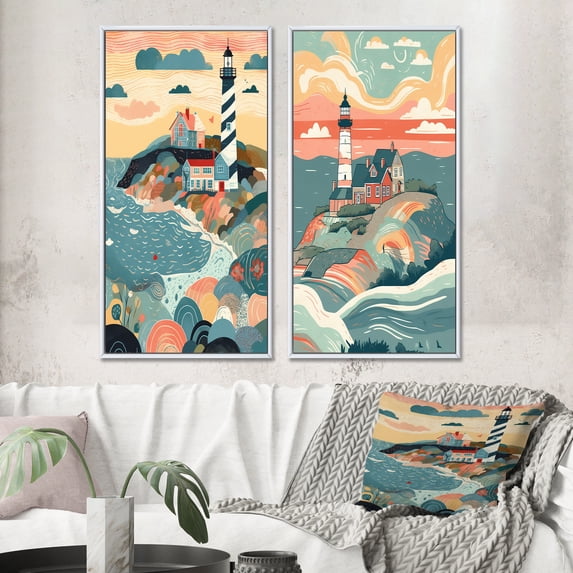 Designart "Lighthouse on the Coast V" Beach Framed Wall Art Set Of 2 - Teal Beach Framed Wall Art Set Of 2