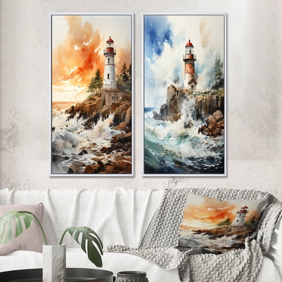 Designart "Lighthouses by the Cliffside III" Lighthouses Framed Wall Art Set Of 2 - Peach Beach Framed Canvas Set For Living Room Decor