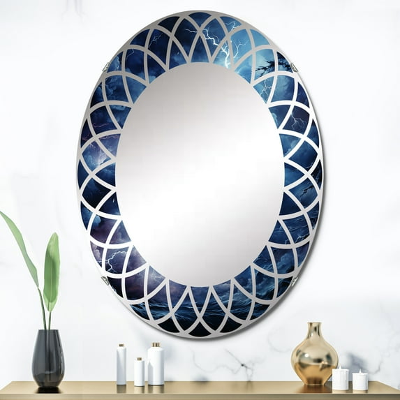 Designart "Lightning Electric Euphony II" Landscapes Round Wall Mirror - Traditional Oval Printed Decorative Oversized Mirror - Multiple Color Options