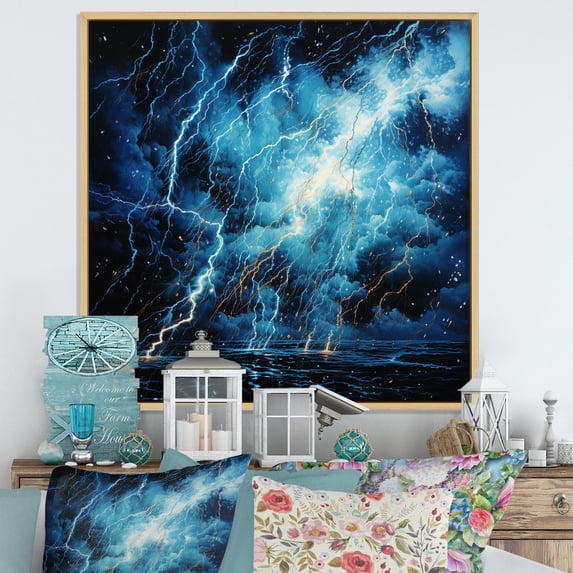Designart "Lightning Electric Euphony Pointillism I" Landscapes Floater Framed Wall Art Print