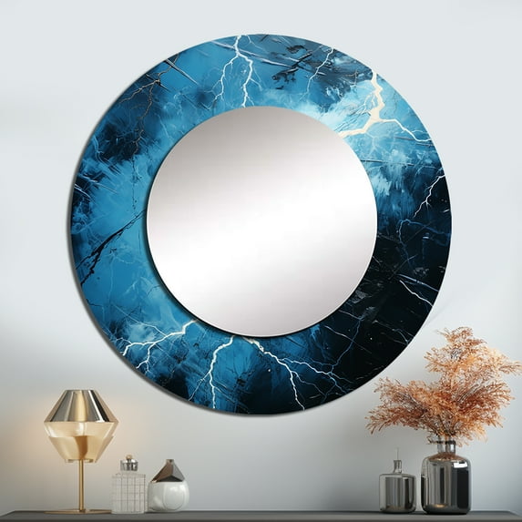 Designart "Lightning In A Stormy Thunderstorm" Lightning Round Mirror Wall Decor Traditional - Large Blue Round Bathroom Mirror - Round Mirror - 29" x 29"