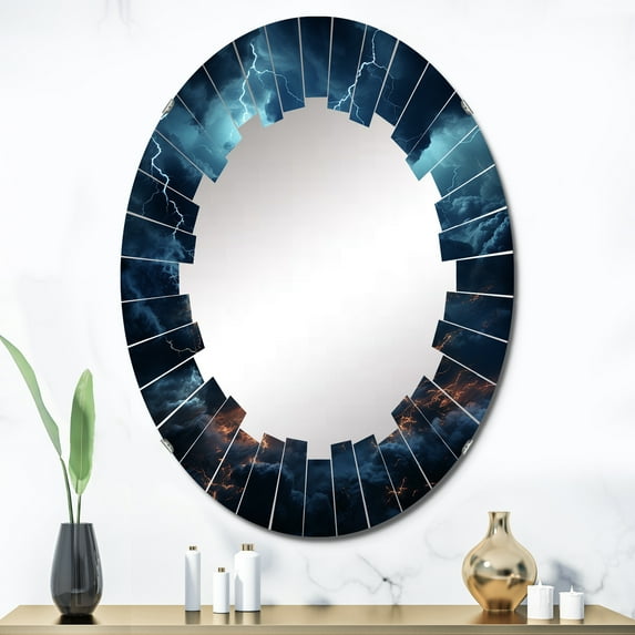 Designart "Lightning delicate Lightning II" Landscapes Round Wall Mirror - Traditional Oval Printed Decorative Oversized Mirror - Multiple Color Options