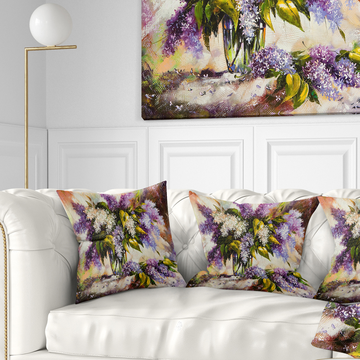 Designart Lilac Bouquet in a Vase - Floral Painting Throw Pillow - 18x18