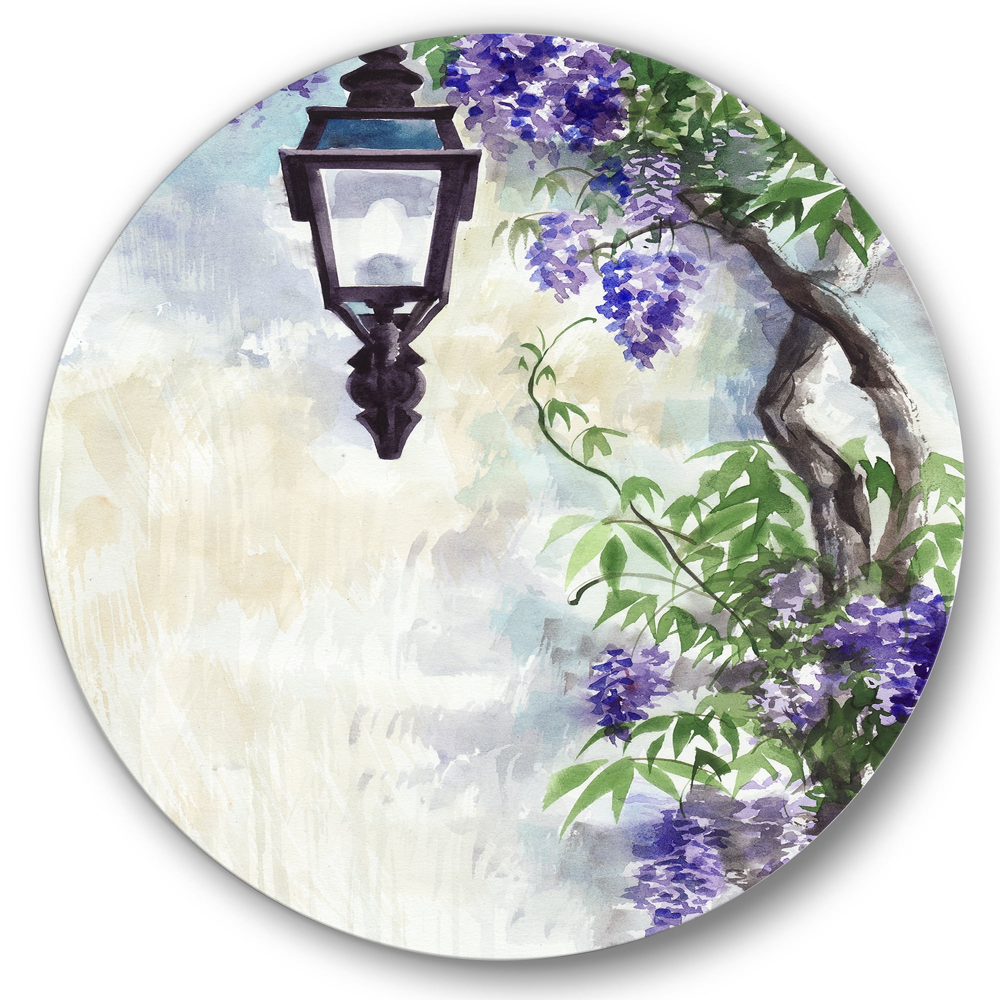 Designart 'Lilac Tree Lantern Vintage Impression' Traditional Circle Metal Wall Art 36x36 - Disc of 36