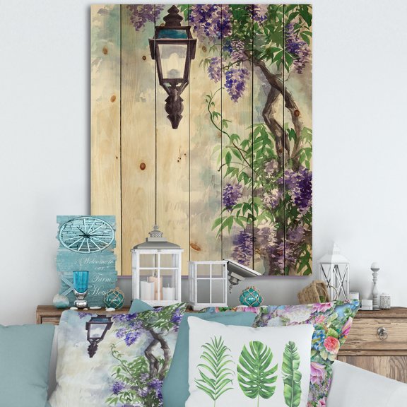 Designart 'Lilac Tree Lantern Vintage Impression' Traditional Print on Natural Pine Wood