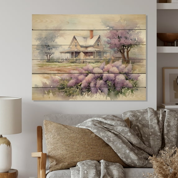 Designart "Lilac Whispers of the Countryside" Landscapes Print on Natural Pine Wood