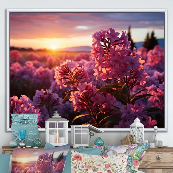 Designart "Lilacs landscape With Sunset" Landscapes Floater Framed Canvas Wall Art
