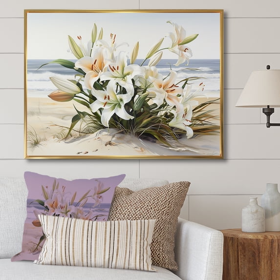 Designart "Lilies' Beach Glory II" Lilies Floater Framed Wall Art Living Room
