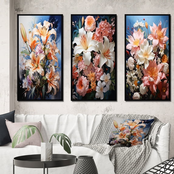 Designart "Lilies Representation Colorfuled Acrylic I" Floral Framed Wall Art Set Of 3 - Multi-Color Lilies Frame Gallery Set For Office Decor