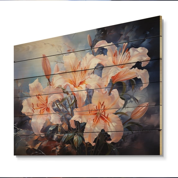 Designart "Lilies love expression I" Floral Print on Natural Pine Wood