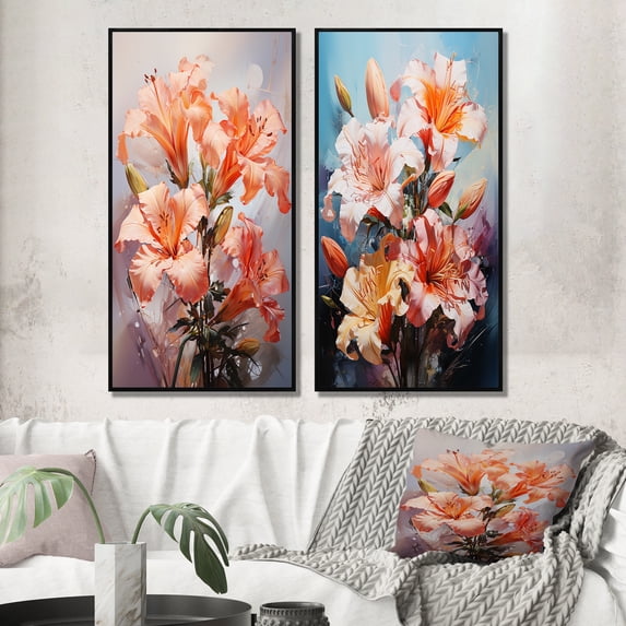 Designart "Lilies love expression II" Lilies Framed Wall Art Set Of 2 - Coral Floral Framed Canvas Set For Living Room Decor