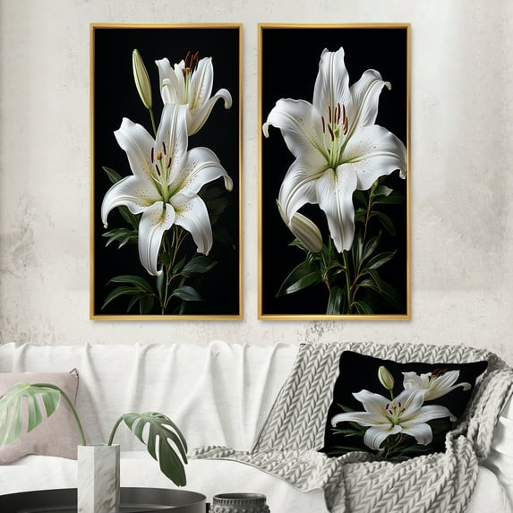Designart "Lily Exquisite Black White wall decor II" Lilies Framed Wall Art Set Of 2 - Black Floral Gallery Wall Frame Set For Home Decor