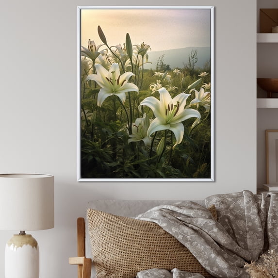 Designart "Lily Fields In The Garden Of White" Lilies Floater Framed Canvas Prints