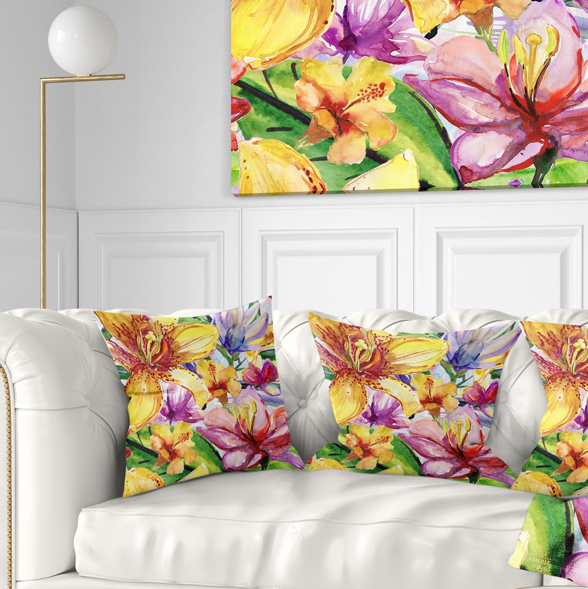 Designart Lily Flowers Illustration Art - Floral Throw Pillow - 16x16