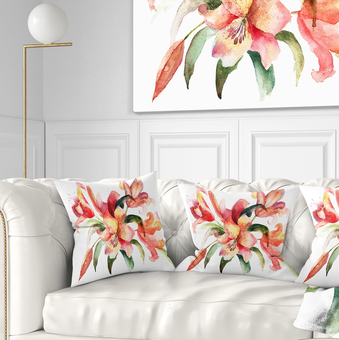 Designart Lily Flowers Watercolor Illustration - Floral Throw Pillow - 16x16