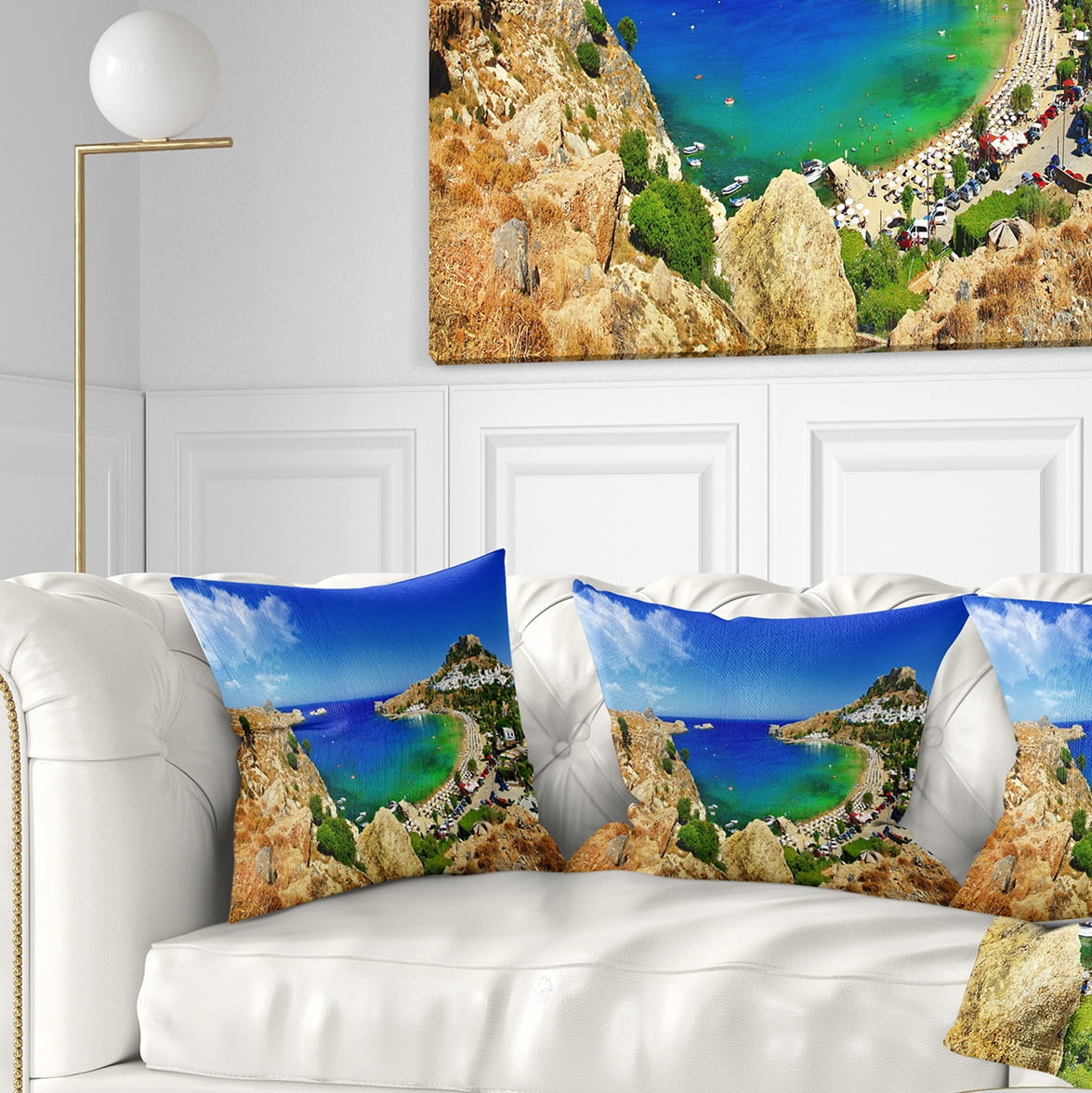 Designart Lindos Bay Greece Panorama - Landscape Photography Throw Pillow - 18x18