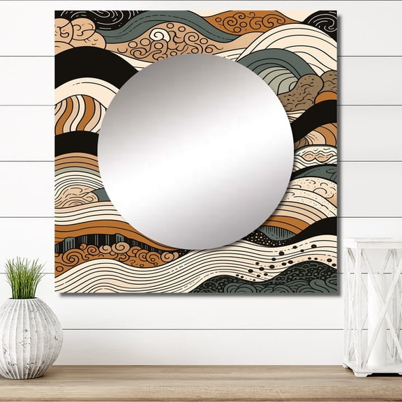 Designart "Line Art Elegance in Brown and Black I" Abstract Shapes Brown Large Square Mirror - Square Bedroom Mirror Printed Wall Decor - Transitional Square Printed Wall Mirror Art