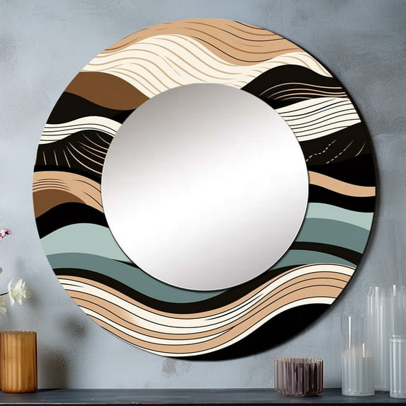 Designart "Line Art Elegance in Teal and Black I" Abstract Shapes Round Mirror Wall Decor Modern - Large Teal Round Office Mirror - Round Mirror - 29" x 29"